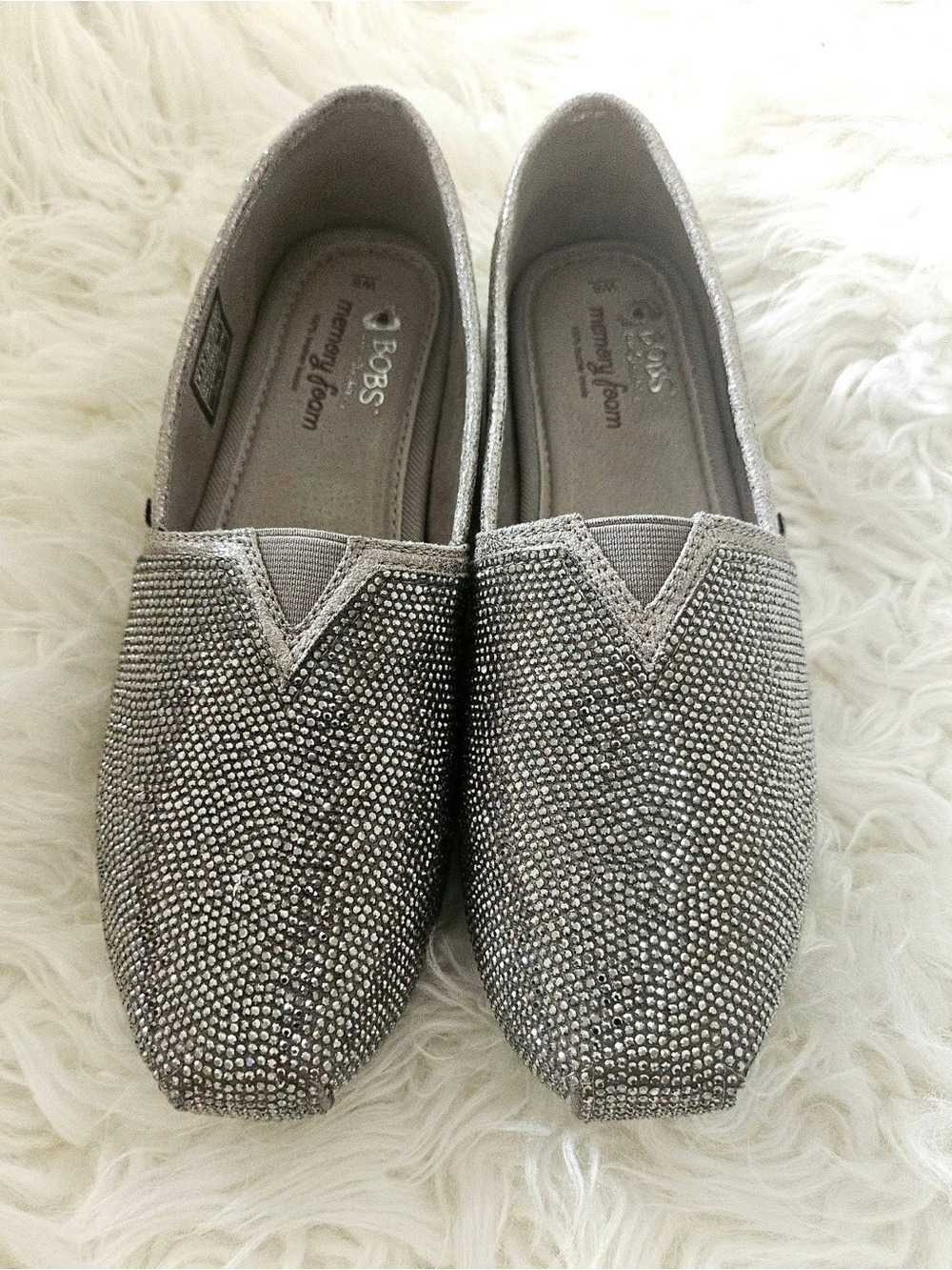 BOBS by Skechers Women's Silver/Pewter Rhinestone Slip-On Flats - 10